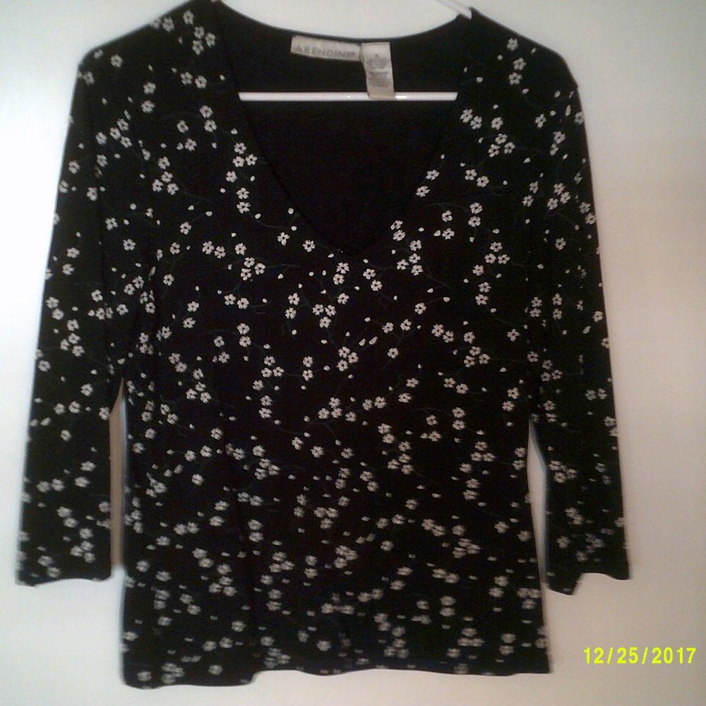 ARENDINE "Mini Floral Print Top" WOMEN'S BLACK WHITE BLOUSE MEDIUM